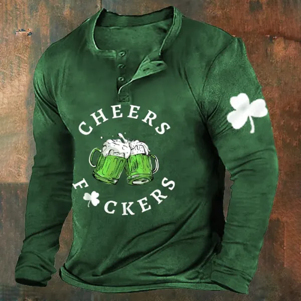 Men's Vintage Long Sleeve St. Patrick's Day Print Henley T-Shirt - Dozenlive.com 