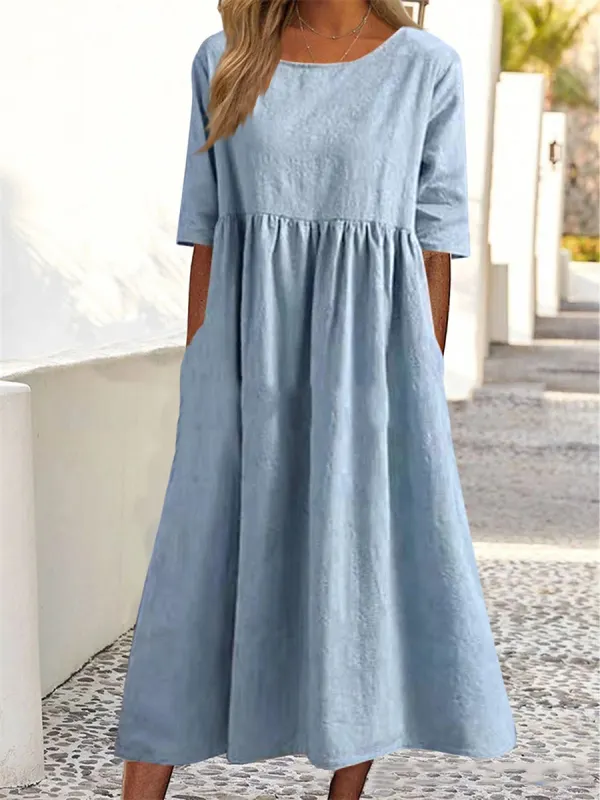 Casual Comfort Solid Color Round Neck Half Sleeve Midi Dress - Godeskplus.com 