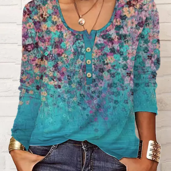 Casual Vintage Floral Print Long Sleeve Crewneck T-Shirt - Blaroken.com 