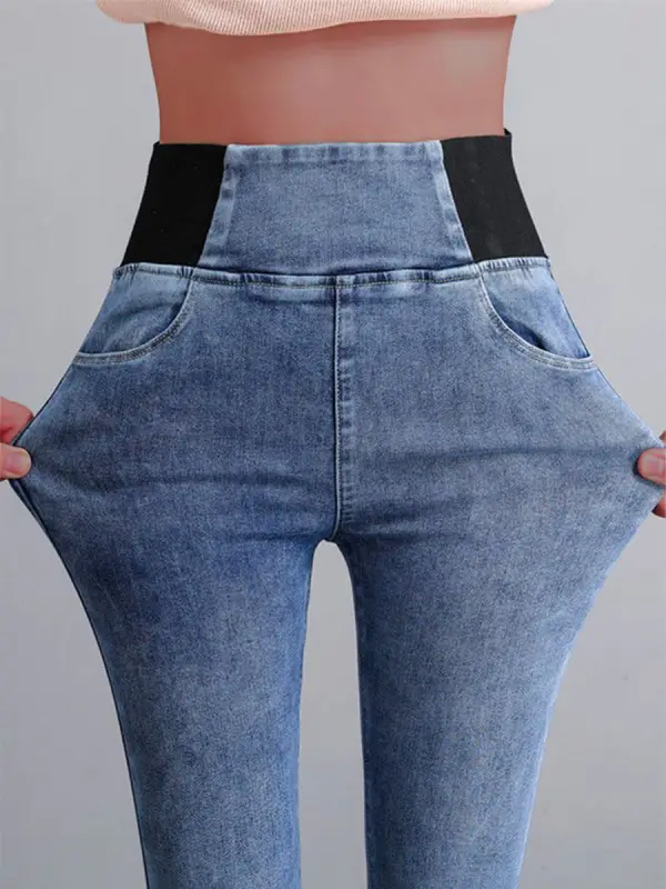 Elasticity Waist Loose Plain Denim Jeans - Godeskplus.com 