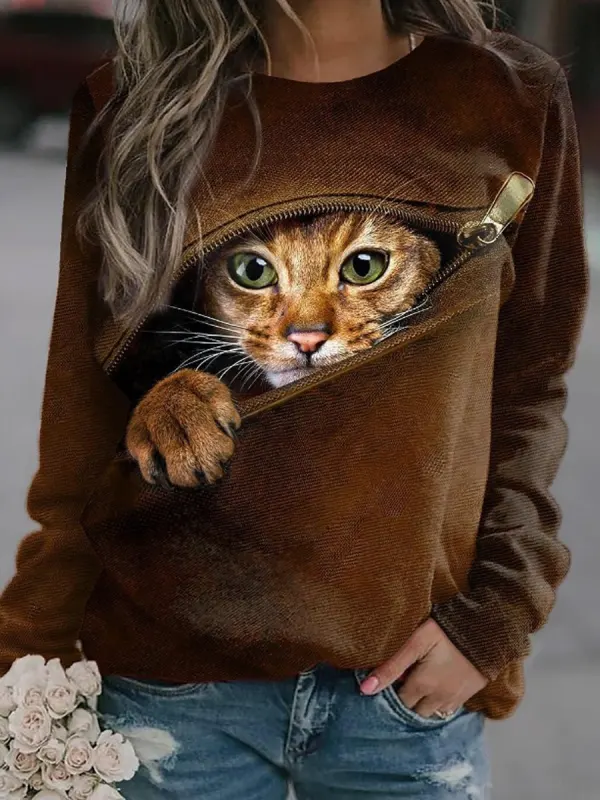 Round Neck Casual Loose Home Cat Print Sweatshirt - Cominbuy.com 