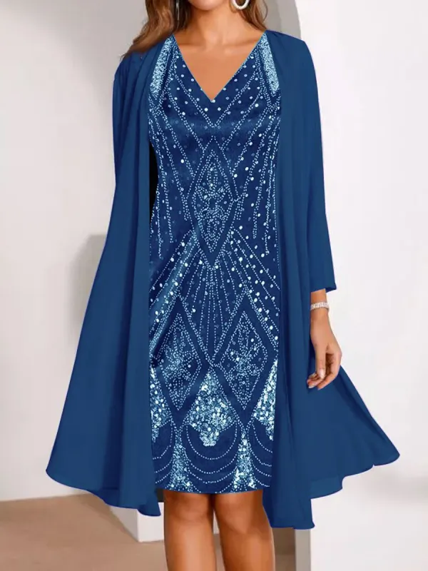 Casual Printed Long Sleeve V-Neck Two Piece Short Dress - Godeskplus.com 