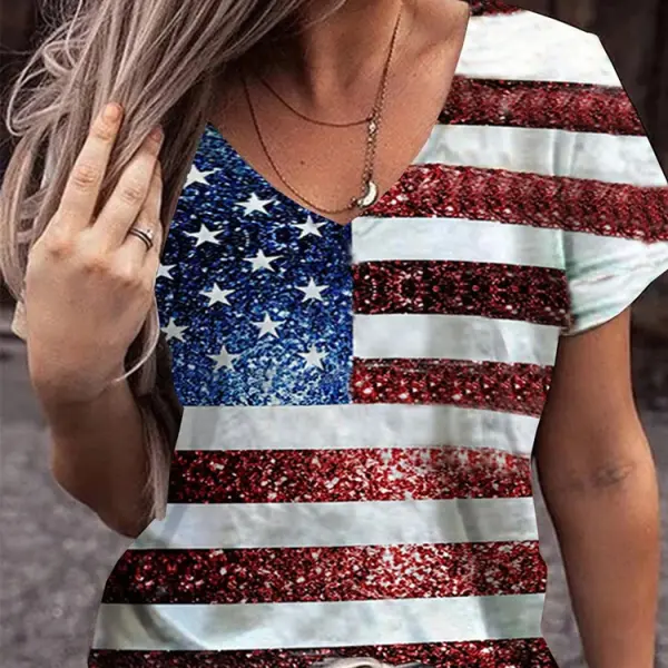 American Flag Print Women's V-Neck T-Shirt - Elementnice.com 