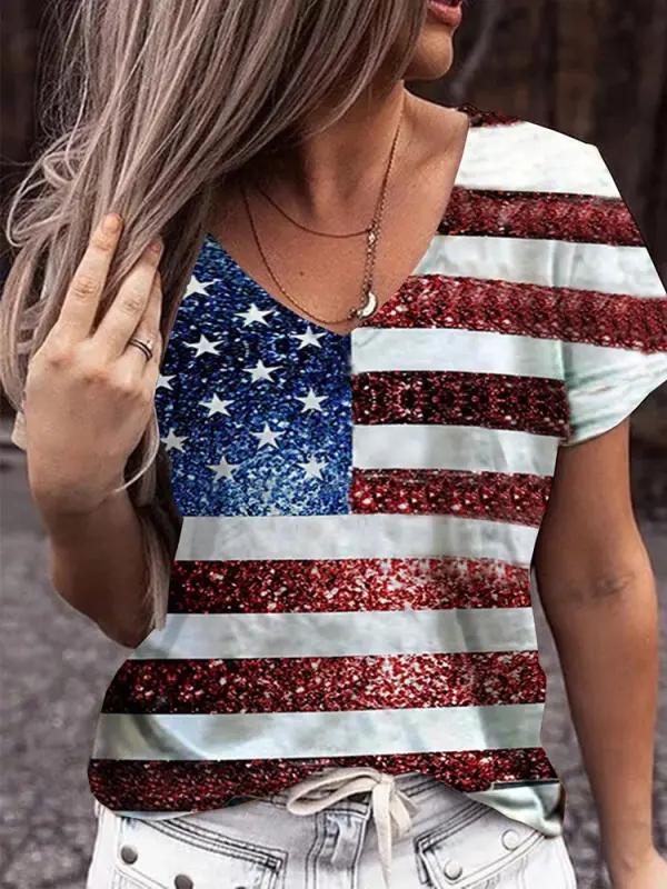 American Flag Print Women's V-Neck T-Shirt - Pragmaace.com 
