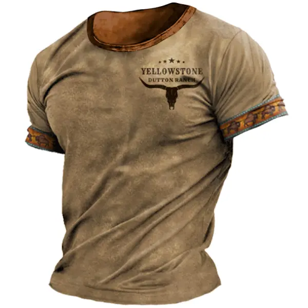 Men's T-Shirts Men's T-shirt Retro Western National Style Yellowstone Print Pattern Summer Short-sleeved Color Matching Round Neck Tee armygreen blue white Summer - Cotosen.com