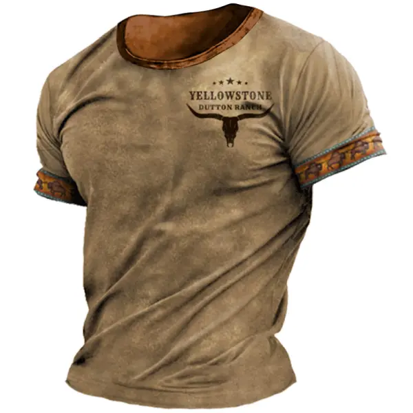 Men's T-shirt Retro Western National Style Yellowstone Print Pattern Summer Short-sleeved Color Matching Round Neck Tee - Rabclub.com 