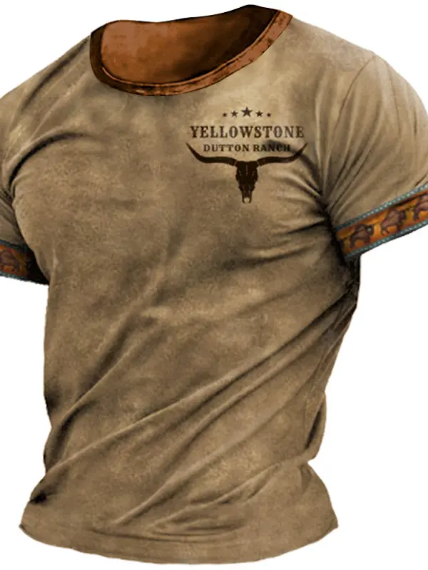 Men's T-shirt Retro Western National Style Yellowstone Print Pattern Summer Short-sleeved Color Matching Round Neck Tee - Menwyx.com 