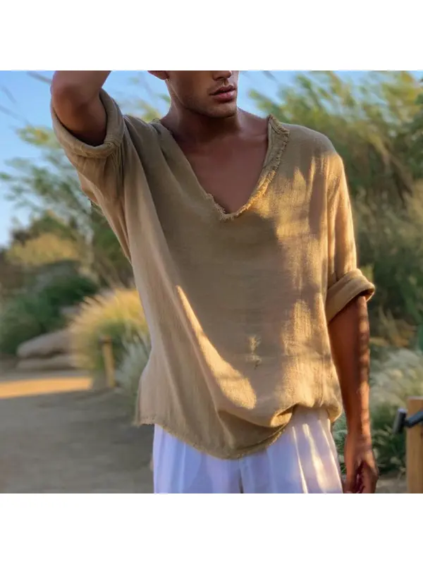Linen V-neck 3/4-sleeve Brushed Shirt - Aptkoi.com 
