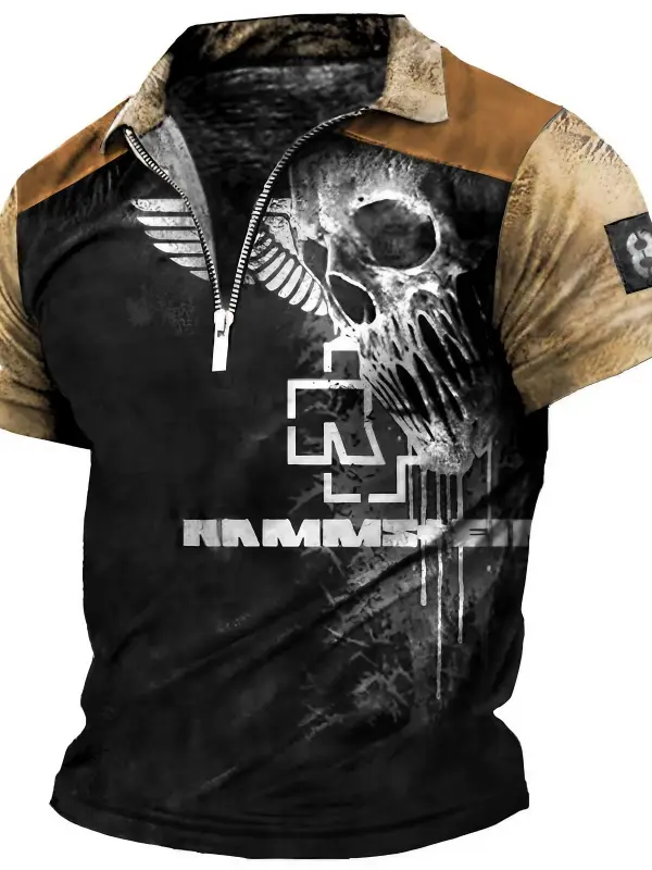 Men's Vintage Rammstein Rock Band Skull Color Block Zip Polo Short Sleeve T-Shirt - Menwyx.com 