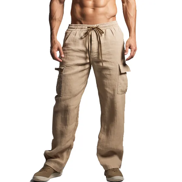 Men's Cargo Pants Linen Pants Trousers Drawstring Elastic Waist Multi Pocket Plain Comfort Breathable Outdoor Daily - Salolist.com 