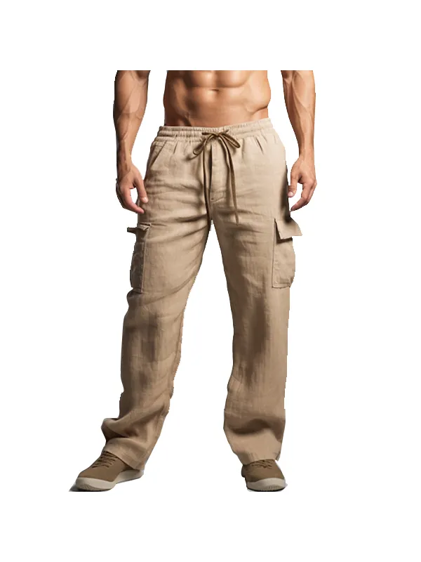 Men's Cargo Pants Linen Pants Trousers Drawstring Elastic Waist Multi Pocket Plain Comfort Breathable Outdoor Daily - Aptkoi.com 