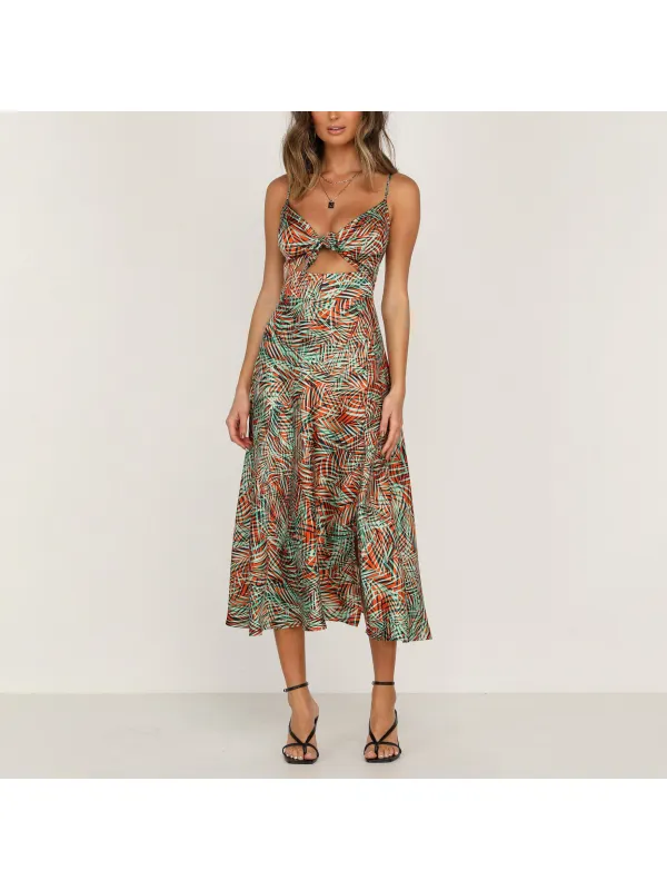 Elegant print suspender dress - Machoup.com 