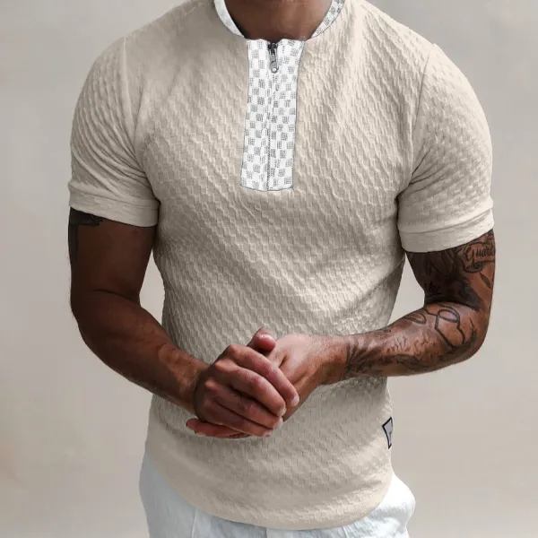 Textured Collarless Slim Fit Polo Shirt - Keymimi.com 