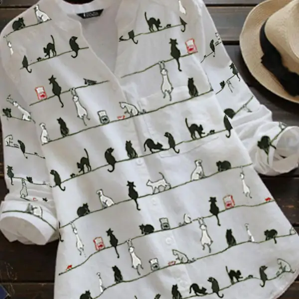 Cartoon Cat Print Casual Cotton And Linen Long Blouse - Elementnice.com 