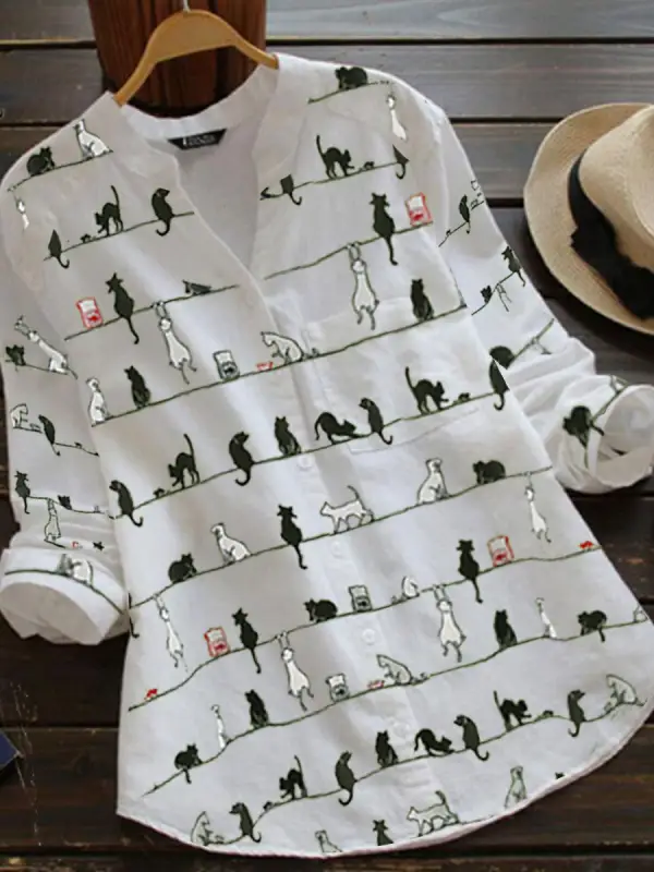 Cartoon Cat Print Casual Cotton And Linen Long Blouse - Oasisjoy.com 