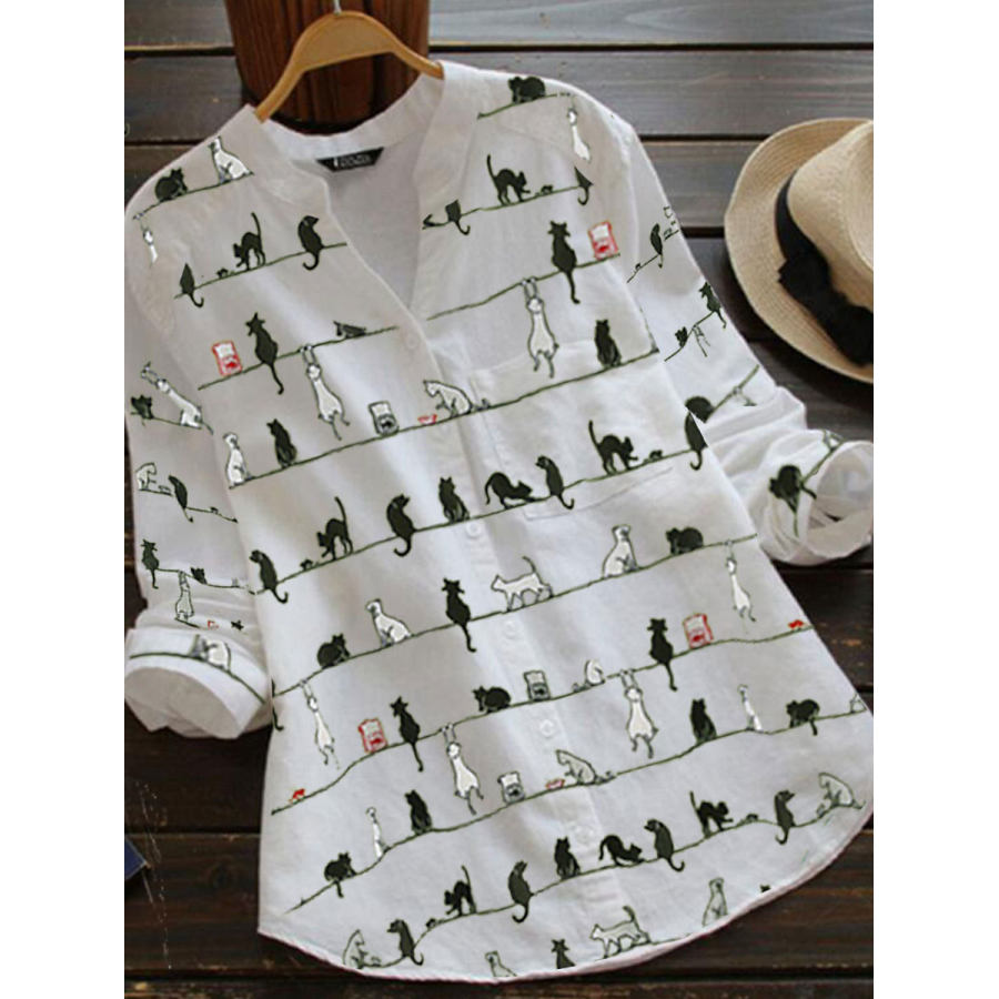 

Cartoon Cat Print Casual Cotton And Linen Long Blouse