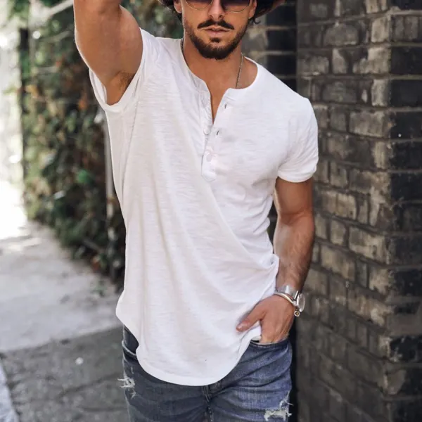 Holiday Casual Solid Color Breathable Henley T-Shirt - Keymimi.com 