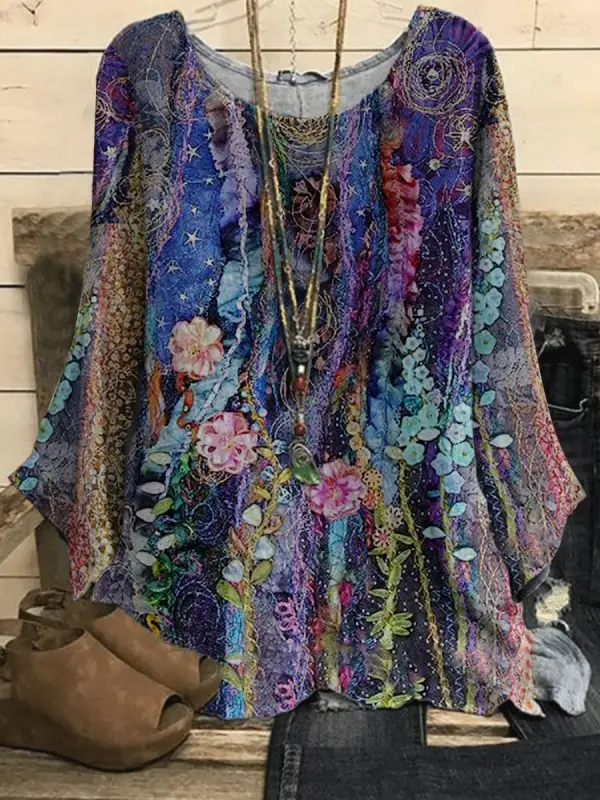 Round Neck Casual Loose Floral Print Long Sleeve Blouse - Godeskplus.com 