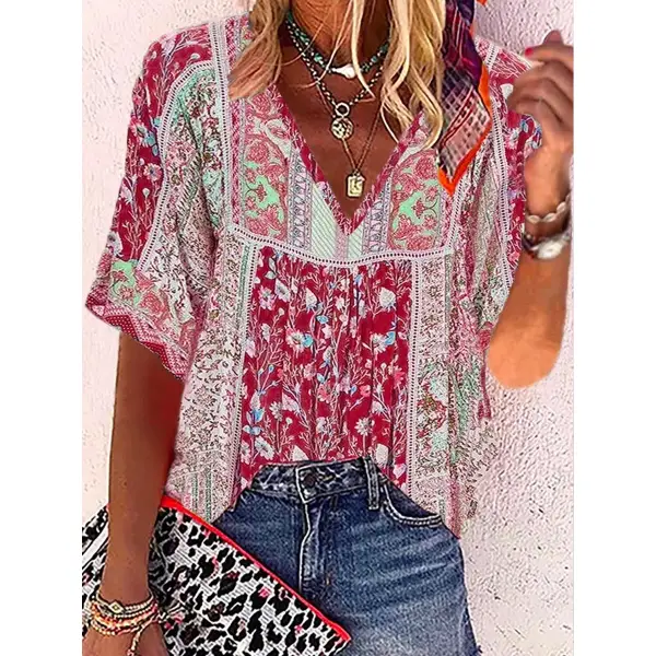 V-neck Casual Loose Floral Print Short Sleeve Blouse - Chrisitina.com 
