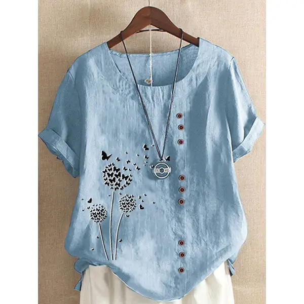 Round Neck Casual Loose Dandelion Print Short-sleeved Blouse - Chrisitina.com 