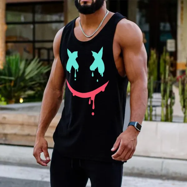 Men's Sports Smiley Print Sleeveless Black Tank Top - Ootdyouth.com 