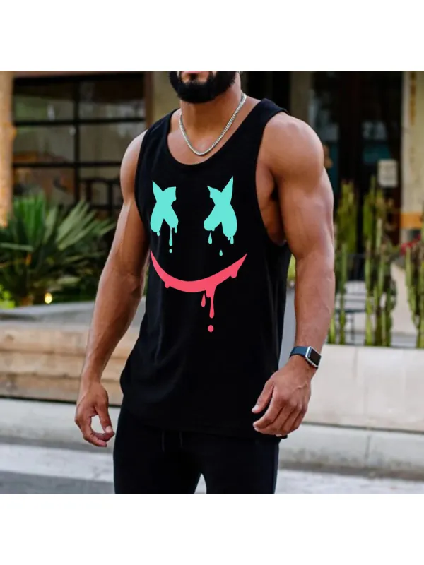 Men's Sports Smiley Print Sleeveless Black Tank Top - Shopyiyistories.com 