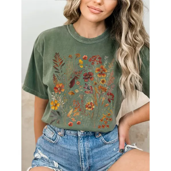 Women Round Collar Graphic printing T-shirt - Chrisitina.com 