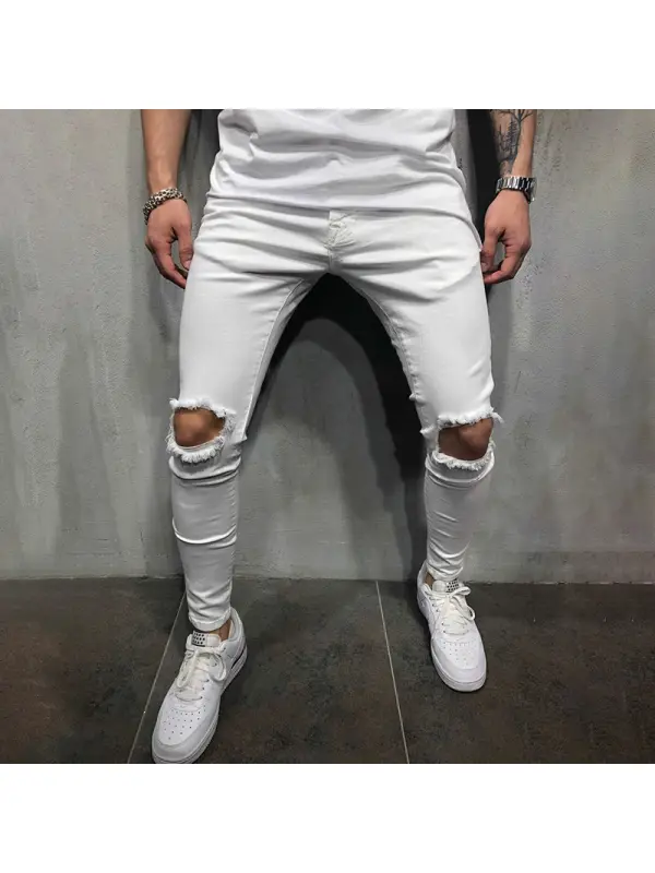 Men's Tight-fitting Fashion Casual Solid Color Ripped Mid-waist And Small-foot Casual Trousers - Machoup.com 