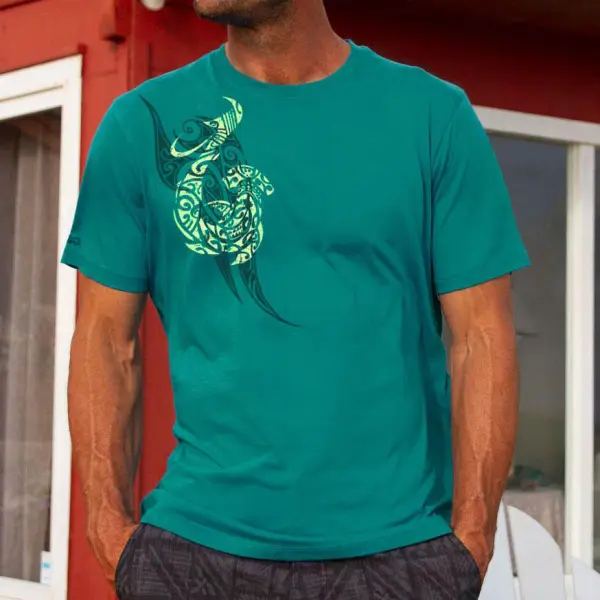 Short Sleeve Mano Fish Hook Turquoise Pima T-Shirt - Albionstyle.com 