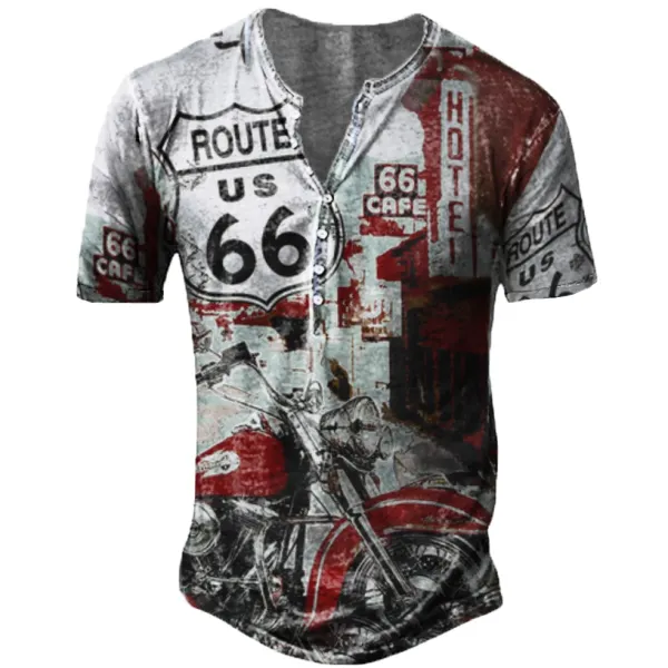 Route 66 Men's Vintage Motorcycle Henry Collar T-Shirt - Wayrates.com 
