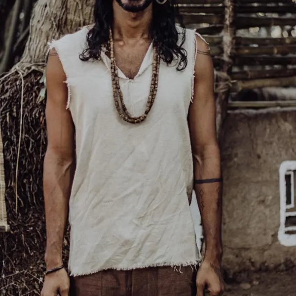 Men's Cotton And Linen Frayed Sleeveless Shirt - Bustalent.com 