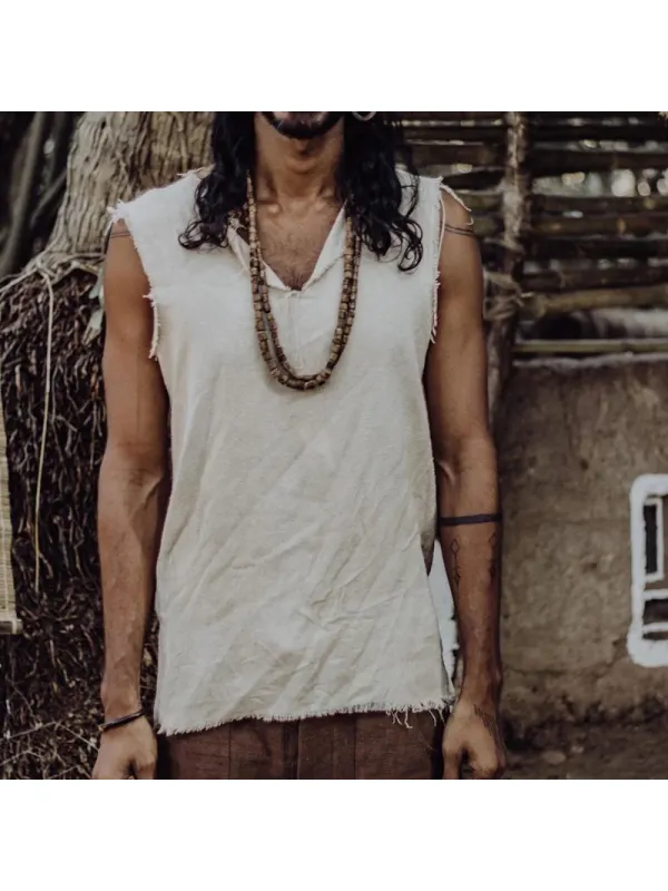 Men's Cotton And Linen Frayed Sleeveless Shirt - Anrider.com 