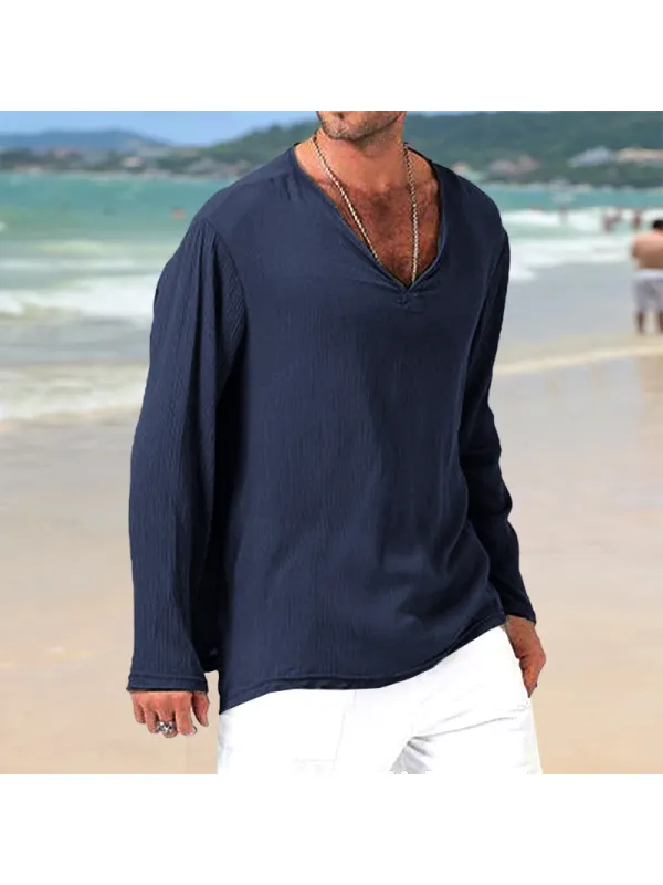 Men's Linen V-Neck Casual Loose Breathable Top Shirt - Anrider.com 