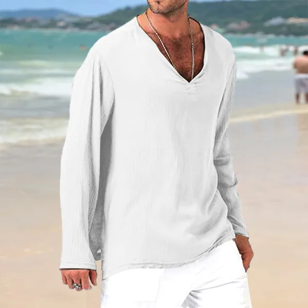 Men's Linen V-Neck Casual Loose Breathable Top Shirt - Keymimi.com 