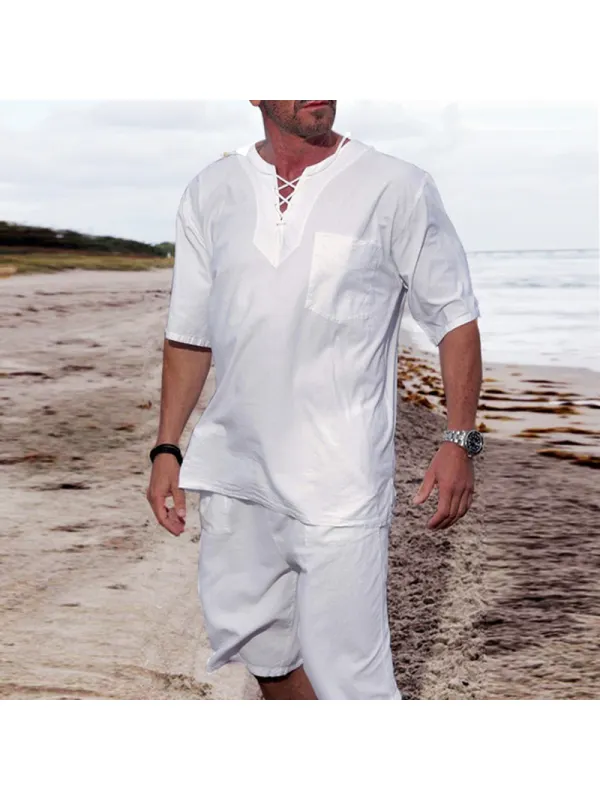 Men's Linen Casual Beach Breathable Lace-Up Tops Shirt - Anrider.com 