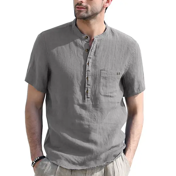Men's Breathable Cotton Linen Henley Collar Pocket Short Sleeve - Ootdyouth.com 