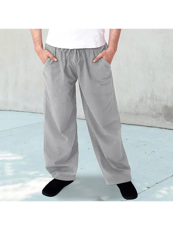 Men's Casual Solid Color Cotton Linen Quick Dry Loose Beach Trousers - Timetomy.com 
