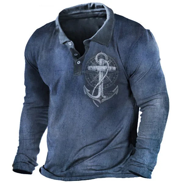 Nautical Anchor Print Men's Vintage Polo Long Sleeve T-Shirt Only ILS 108.89 - Wayrates.com 