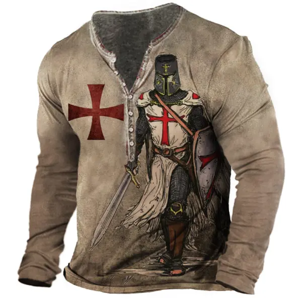 Men's Vintage Templar Cross Henley Long Sleeve Top - Elementnice.com 