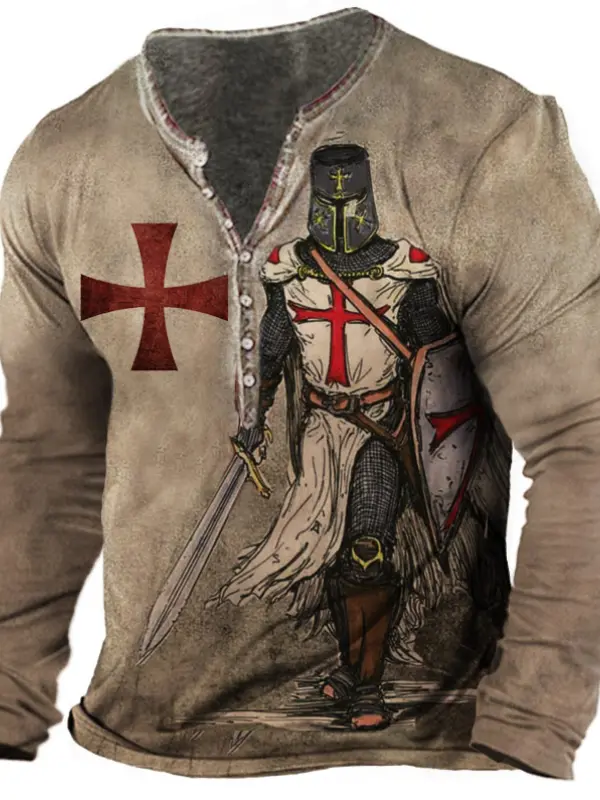 Men's Vintage Templar Cross Henley Long Sleeve Top - Menbarn.com 