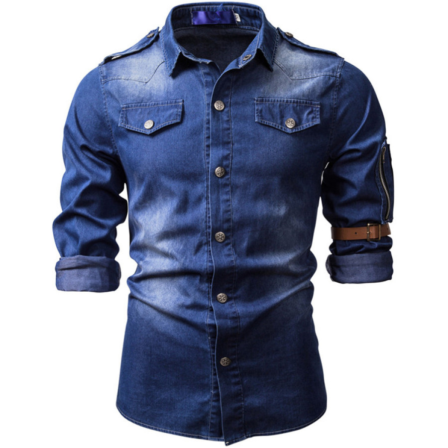 

Men's Vintage Long Sleeve Washed Denim Shirt