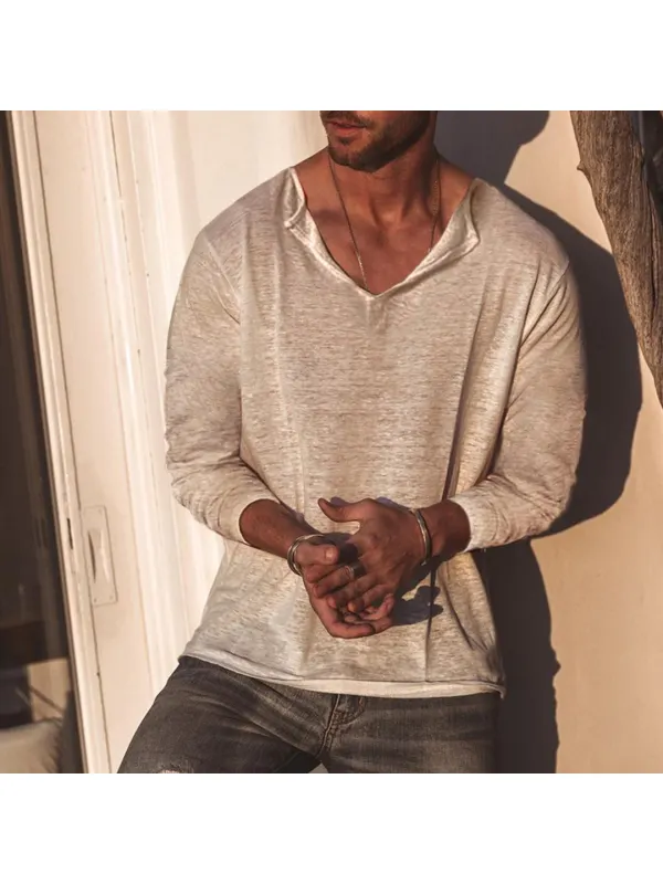 Men's Casual V-Neck Long Sleeve Cotton T-Shirt - Viewbena.com 