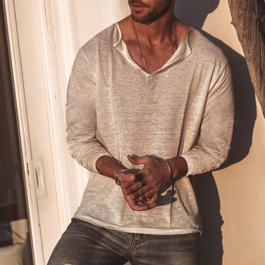 

Men's Casual V-Neck Long Sleeve Cotton T-Shirt