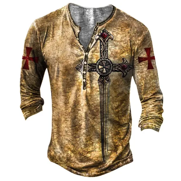 Men's Vintage Templar Sword Henley Long Sleeve T-Shirt Only $15.89 - Wayrates.com 