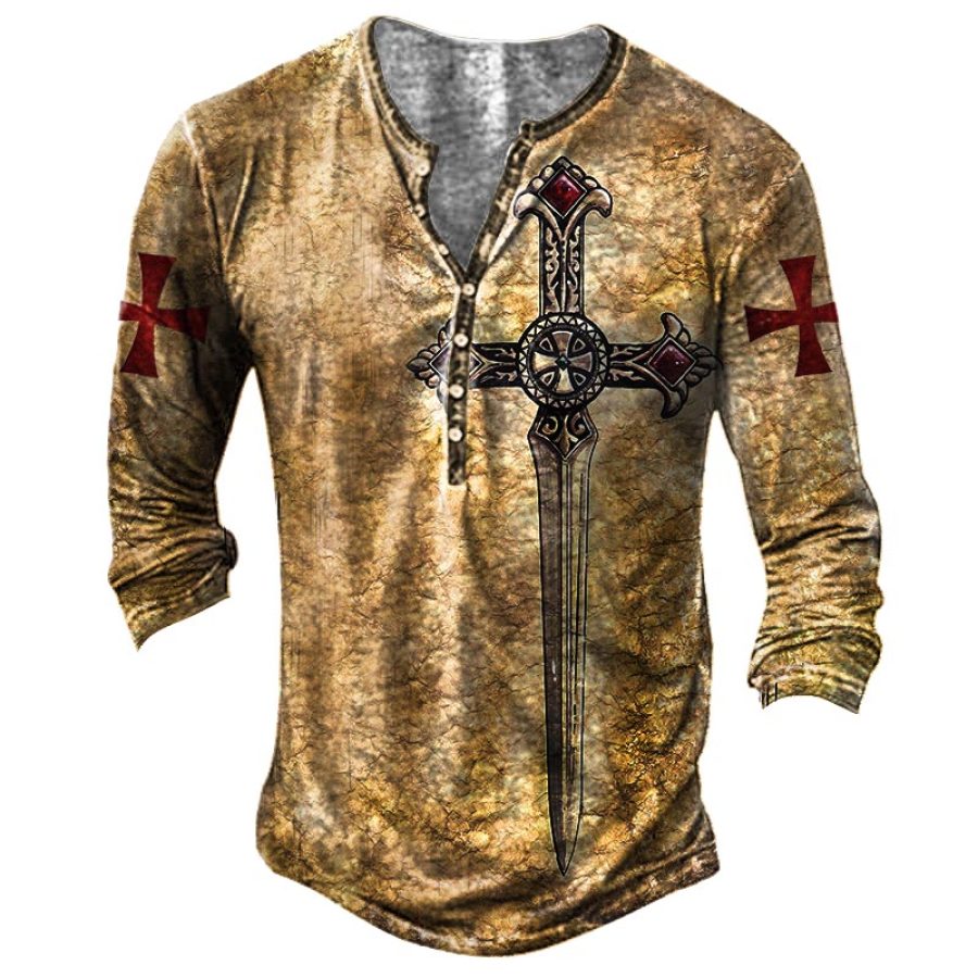 

Men's Vintage Templar Sword Henley Long Sleeve T-Shirt