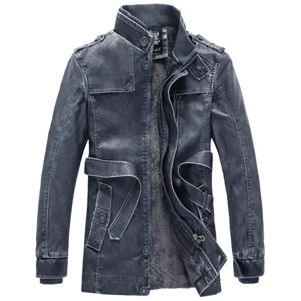 Men's Vintage Washed Stand Collar PU Leather Mid Length Biker Leather Jacket - Honeylop.chimpone.com 