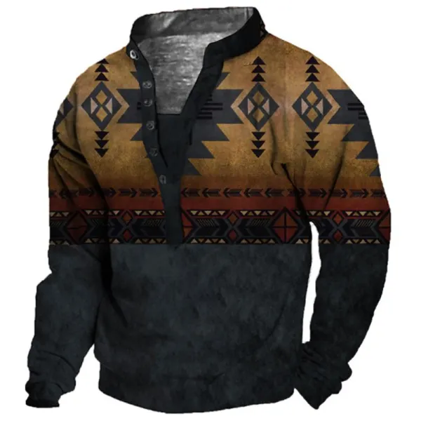 Men's Ethnic Totem Print Henley Collar Sweatshirt - Elementnice.com 