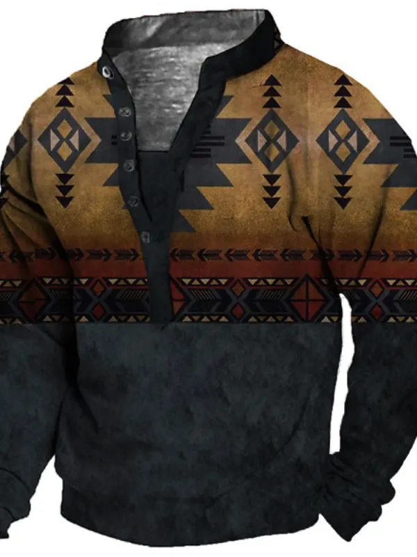 Men's Ethnic Totem Print Henley Collar Sweatshirt - Menwyx.com 