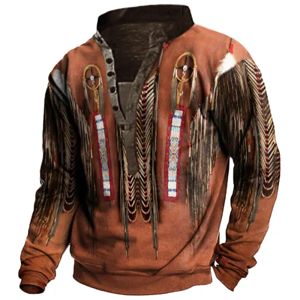 Native Culture 3D Printed Henley Collar Long Sleeve Sweatshirt - Elementnice.com 
