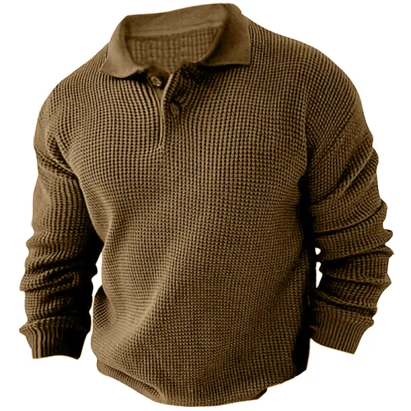 Men's Vintage Long Sleeve Pol Casual Quarter Button Up Lapel Collar Fall Winter O Sweater - Mosaicnew.com 